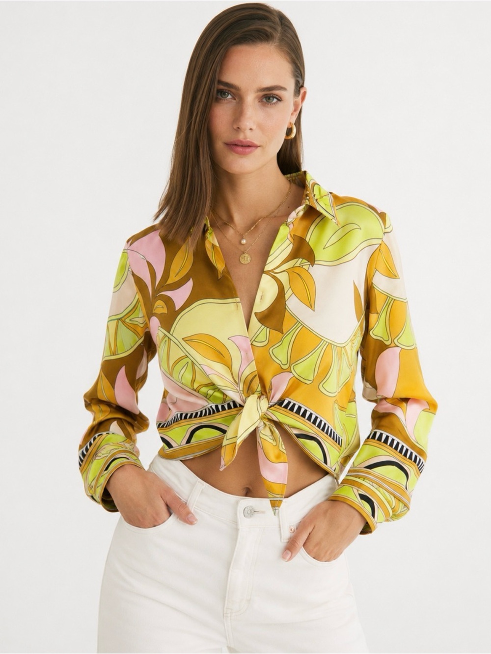 Zara Scarf Print Bell Sleeve Top Tie Front Blouse Button Psychedelic